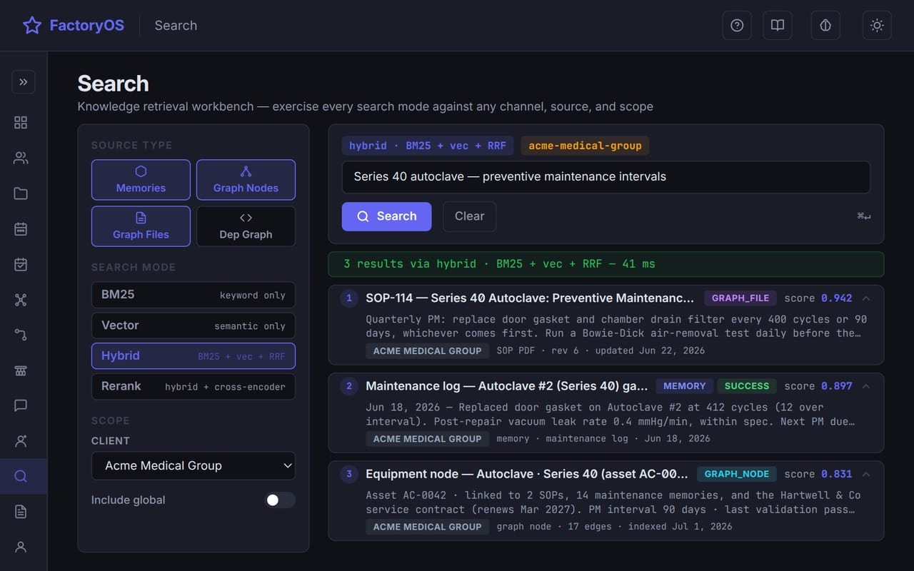 Hybrid retrieval workbench ranking answers from documents, logs, and the knowledge graph