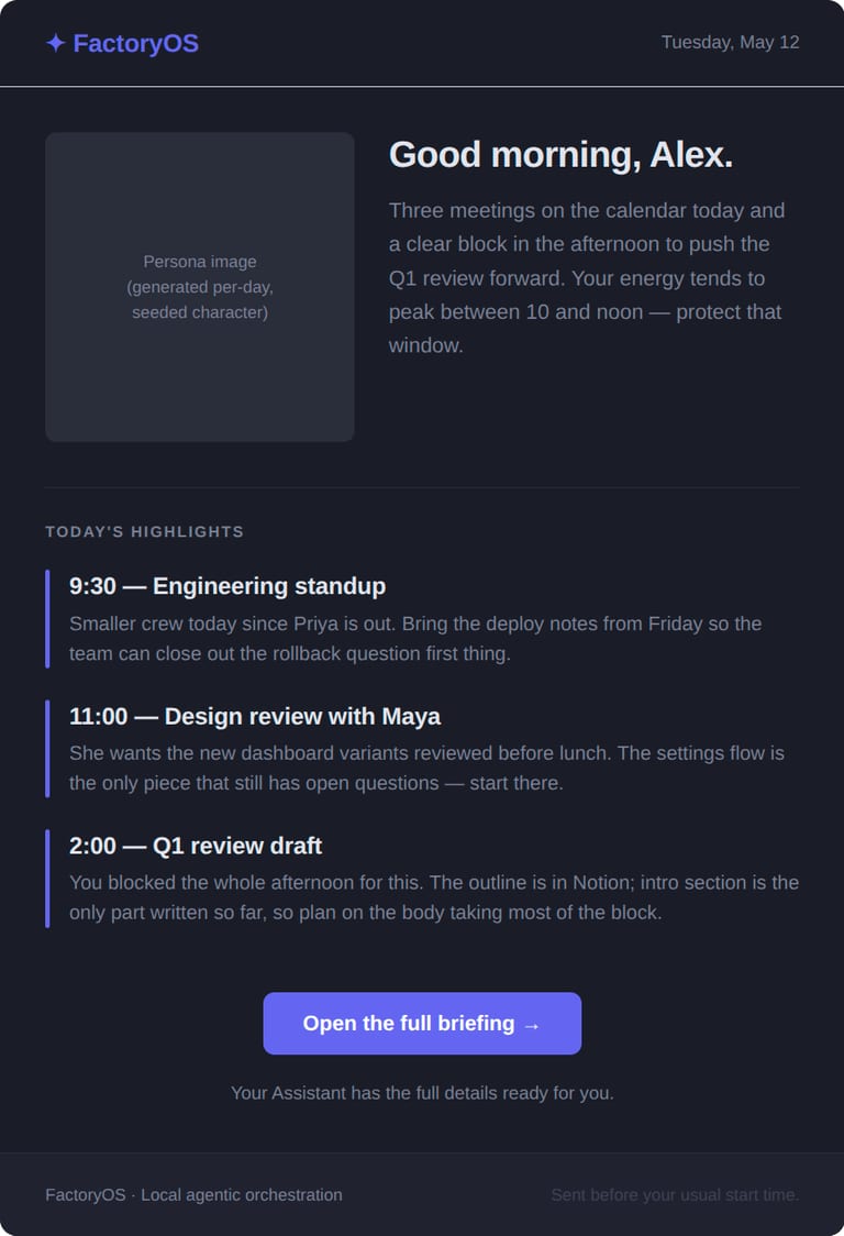 Overnight daily briefing assembled from calendar, inbox, and tasks